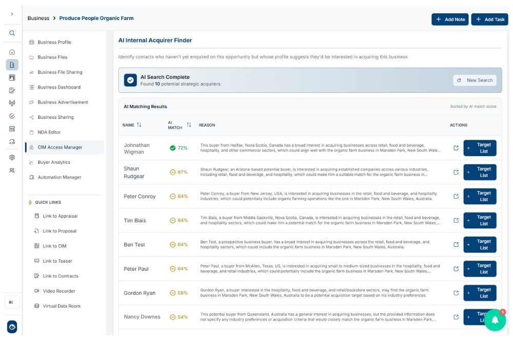 CIM-PRO CIM Builder Website Image Showing AI-Powered Buyer Matching Results